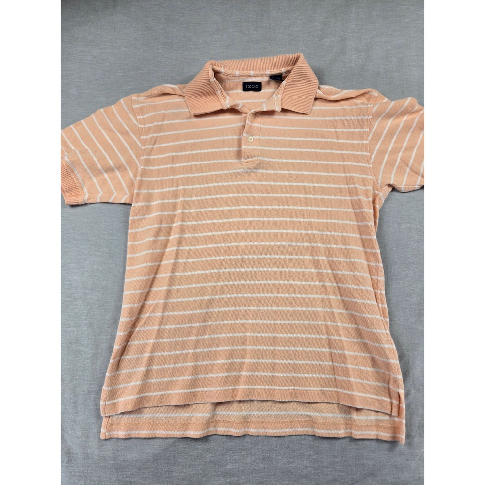 IZOD Mens Peach White Striped Cotton Pique Polo Shirt Small Short Sleeve
